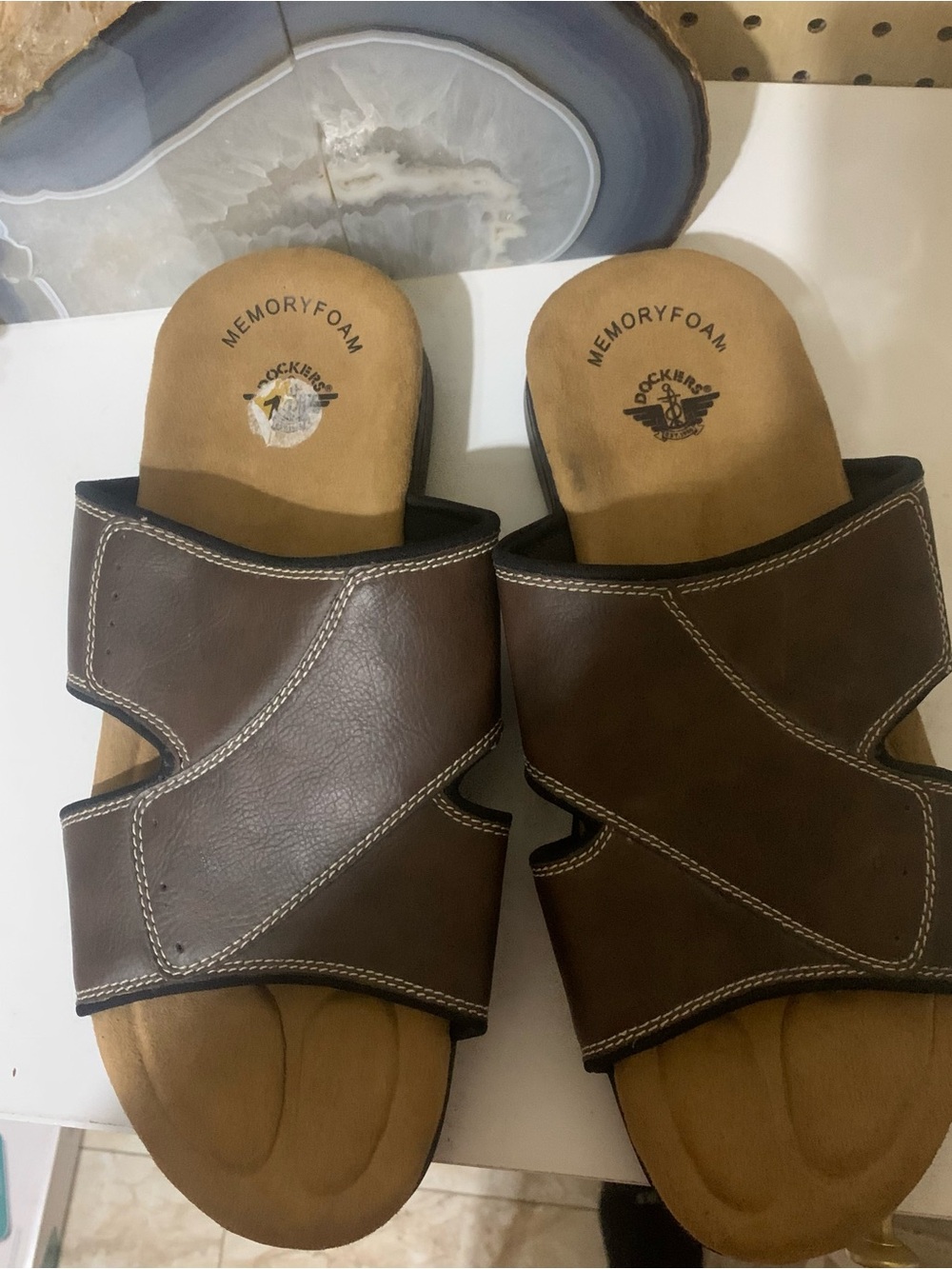 Dockers Brown Leather-Look Slide Sandals with Memory Foam